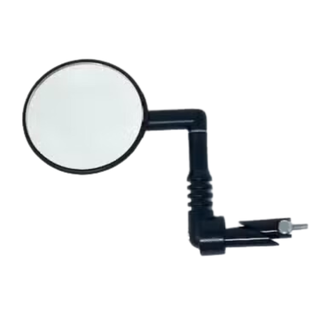 The Glion SNAPnGO Scooter Accessories include a round bicycle mirror with a black adjustable arm and a clamp for easy handlebar attachment, making it ideal for various vehicles. This versatile addition enhances any ride effortlessly, shown against a white background.